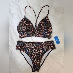 Cupshe Floral Bikini Set - Black with Red and Purple Accents